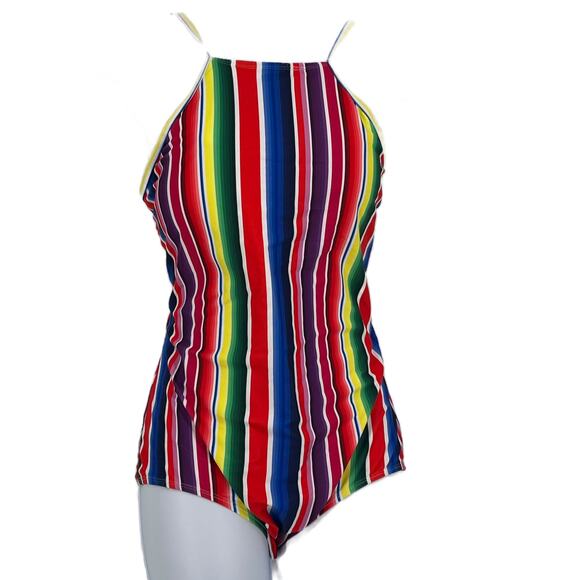 Swimsuit One Piece Trimmed Racer Front Striped in Multi Colors Size Large - Picture 3 of 5